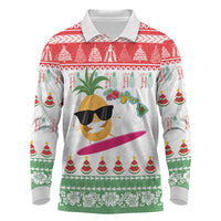 Hawaiian Mele Kalikimaka Long Sleeve Polo Shirt Funny Pineapple Surfing with Map Christmas Stripe Elements LT03 Multicolor - Polynesian Pride
