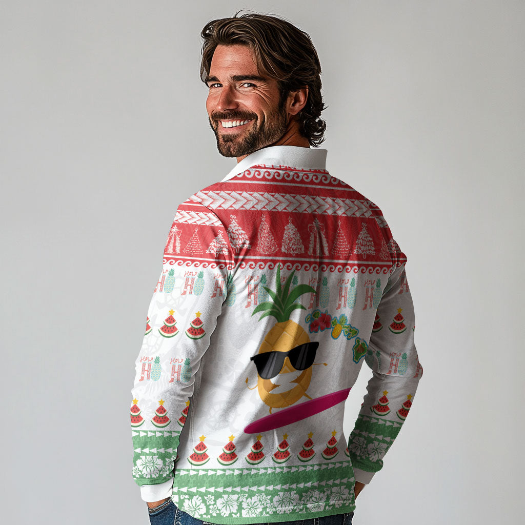 Hawaiian Mele Kalikimaka Long Sleeve Polo Shirt Funny Pineapple Surfing with Map Christmas Stripe Elements LT03 - Polynesian Pride