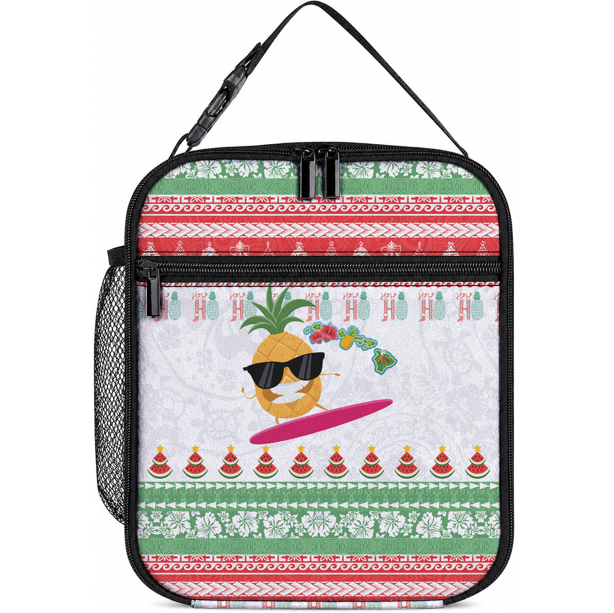 Hawaiian Mele Kalikimaka Lunch Bag Funny Pineapple Surfing with Map Christmas Stripe Elements