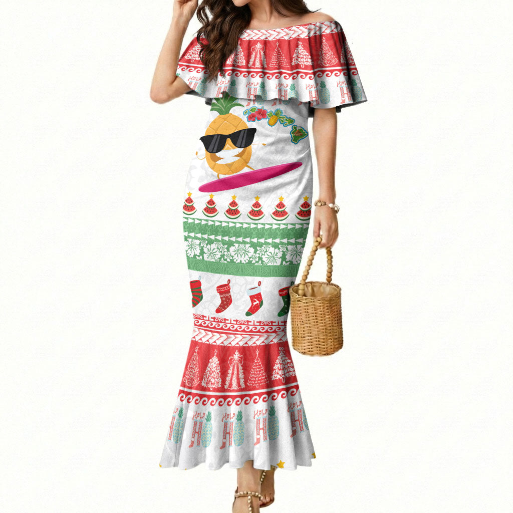 Hawaiian Mele Kalikimaka Mermaid Dress Funny Pineapple Surfing with Map Christmas Stripe Elements LT03 Women Multicolor - Polynesian Pride
