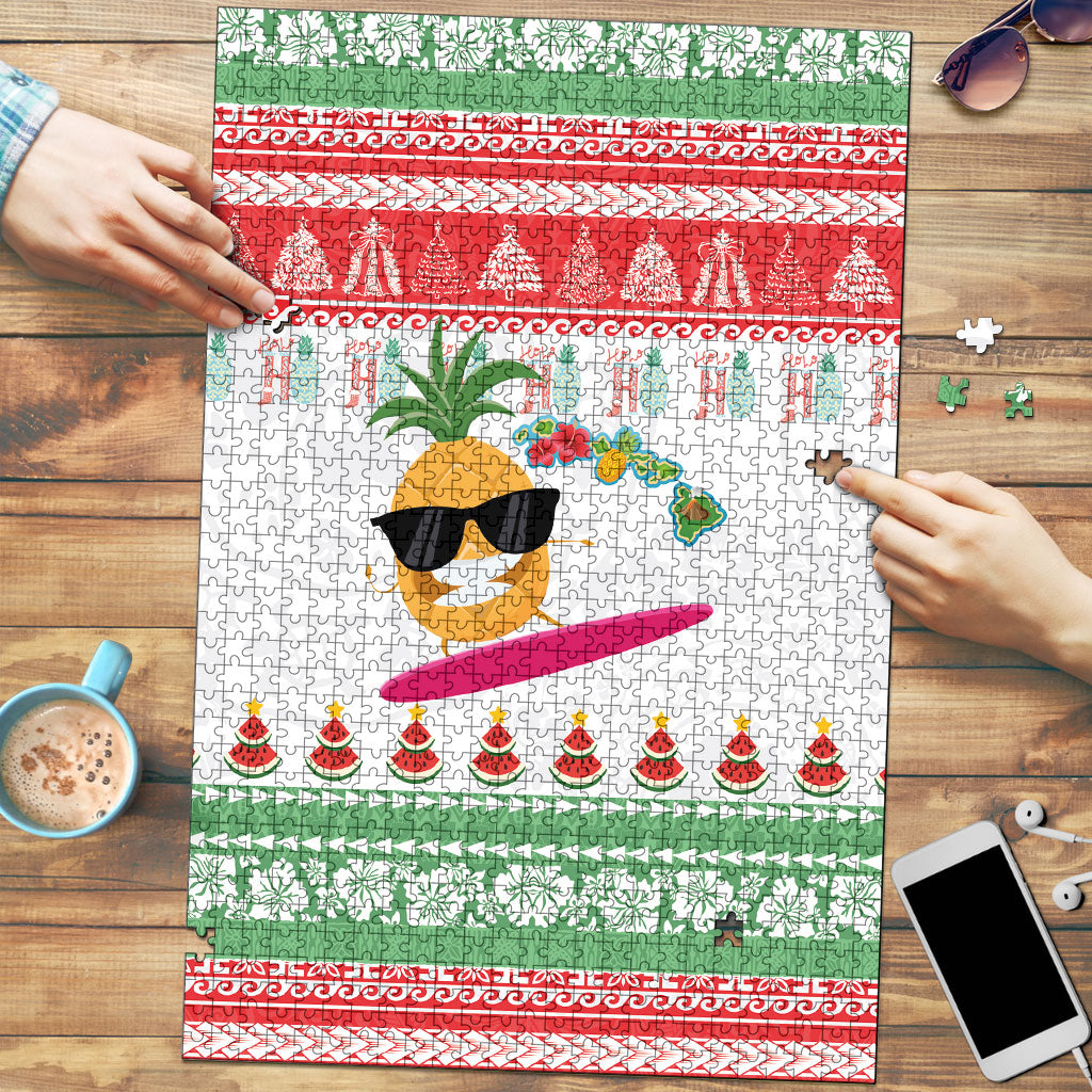 Hawaiian Mele Kalikimaka Puzzle Funny Pineapple Surfing with Map Christmas Stripe Elements LT03 Multicolor - Polynesian Pride