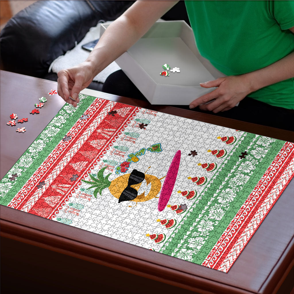 Hawaiian Mele Kalikimaka Puzzle Funny Pineapple Surfing with Map Christmas Stripe Elements LT03 - Polynesian Pride