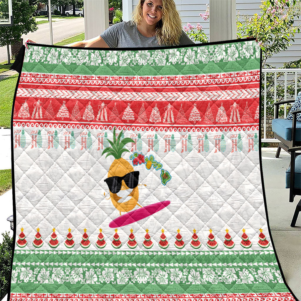 Hawaiian Mele Kalikimaka Quilt Funny Pineapple Surfing with Map Christmas Stripe Elements LT03 Multicolor - Polynesian Pride