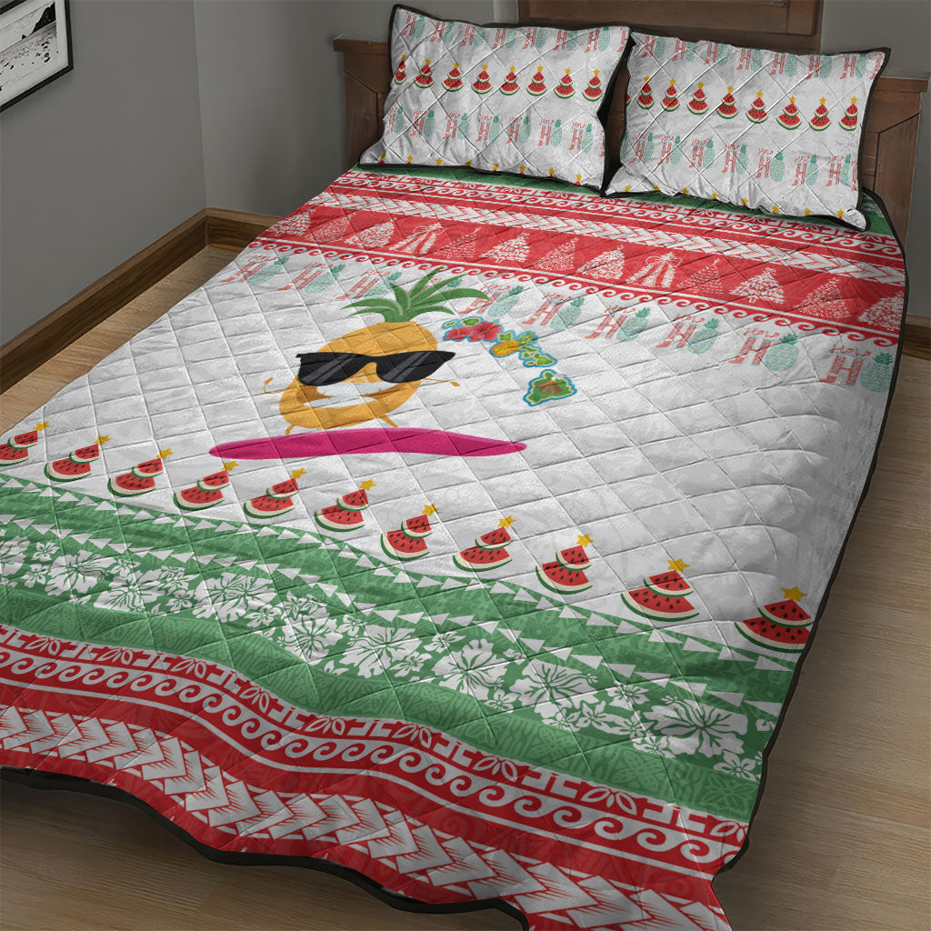 Hawaiian Mele Kalikimaka Quilt Bed Set Funny Pineapple Surfing with Map Christmas Stripe Elements LT03 - Polynesian Pride
