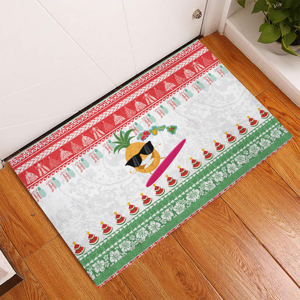 Hawaiian Mele Kalikimaka Rubber Doormat Funny Pineapple Surfing with Map Christmas Stripe Elements LT03 - Polynesian Pride