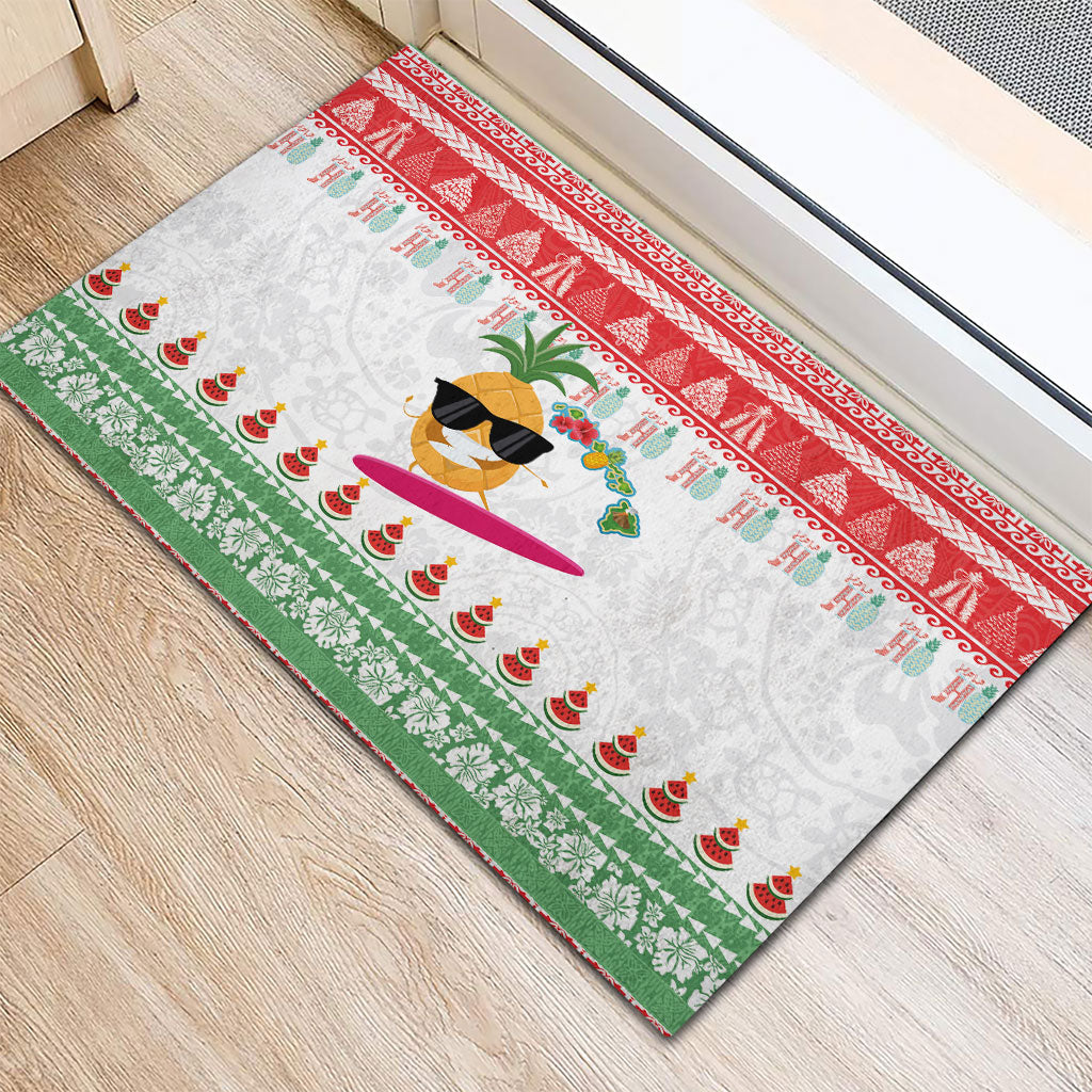 Hawaiian Mele Kalikimaka Rubber Doormat Funny Pineapple Surfing with Map Christmas Stripe Elements LT03 - Polynesian Pride