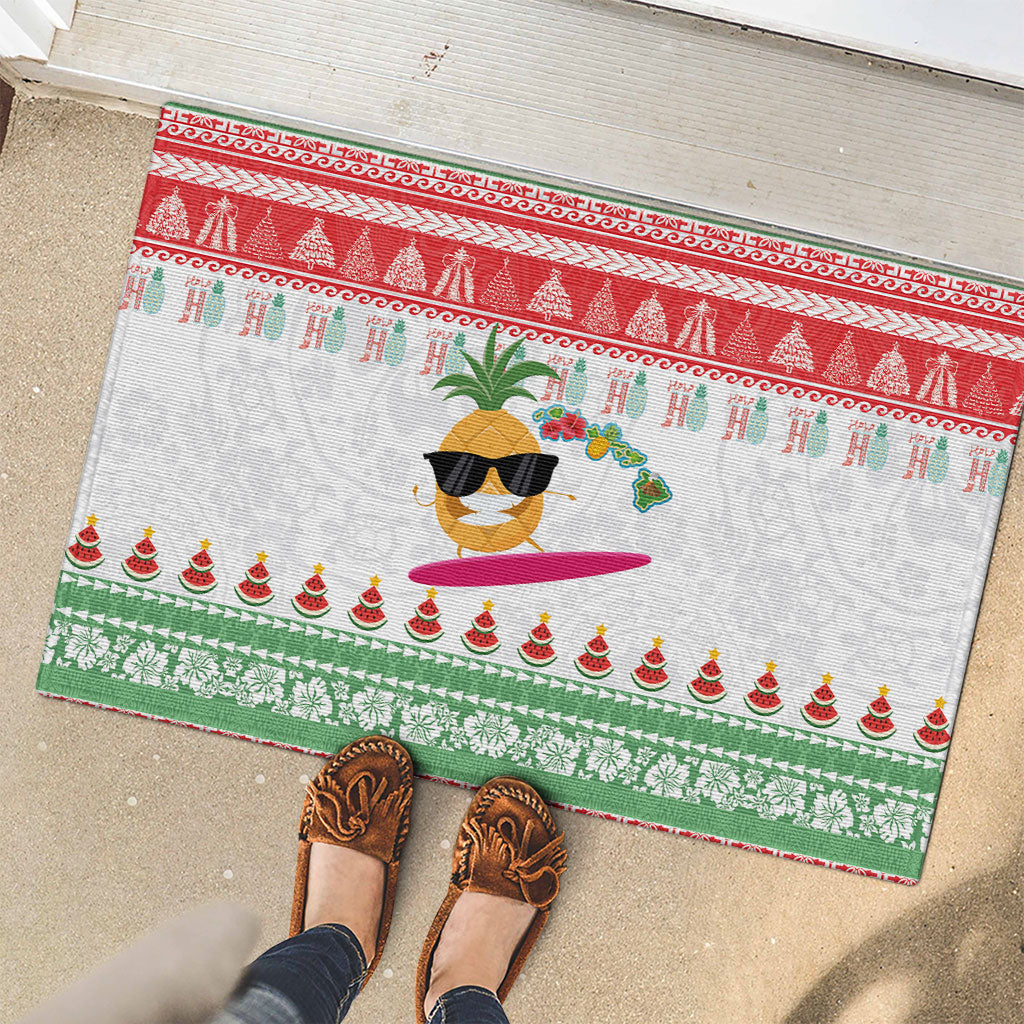 Hawaiian Mele Kalikimaka Rubber Doormat Funny Pineapple Surfing with Map Christmas Stripe Elements LT03 - Polynesian Pride