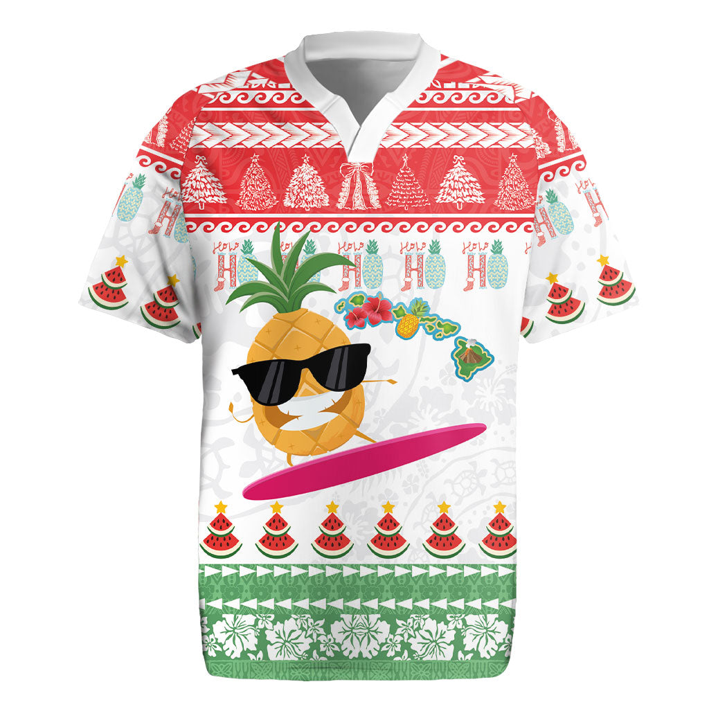 Hawaiian Mele Kalikimaka Rugby Jersey Funny Pineapple Surfing with Map Christmas Stripe Elements LT03 Multicolor - Polynesian Pride