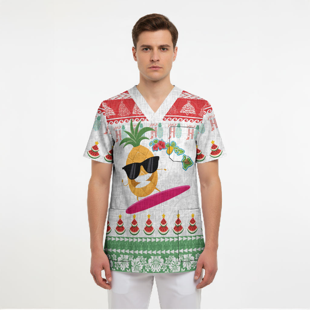 Hawaiian Mele Kalikimaka Scrub Top Funny Pineapple Surfing with Map Christmas Stripe Elements LT03 - Polynesian Pride
