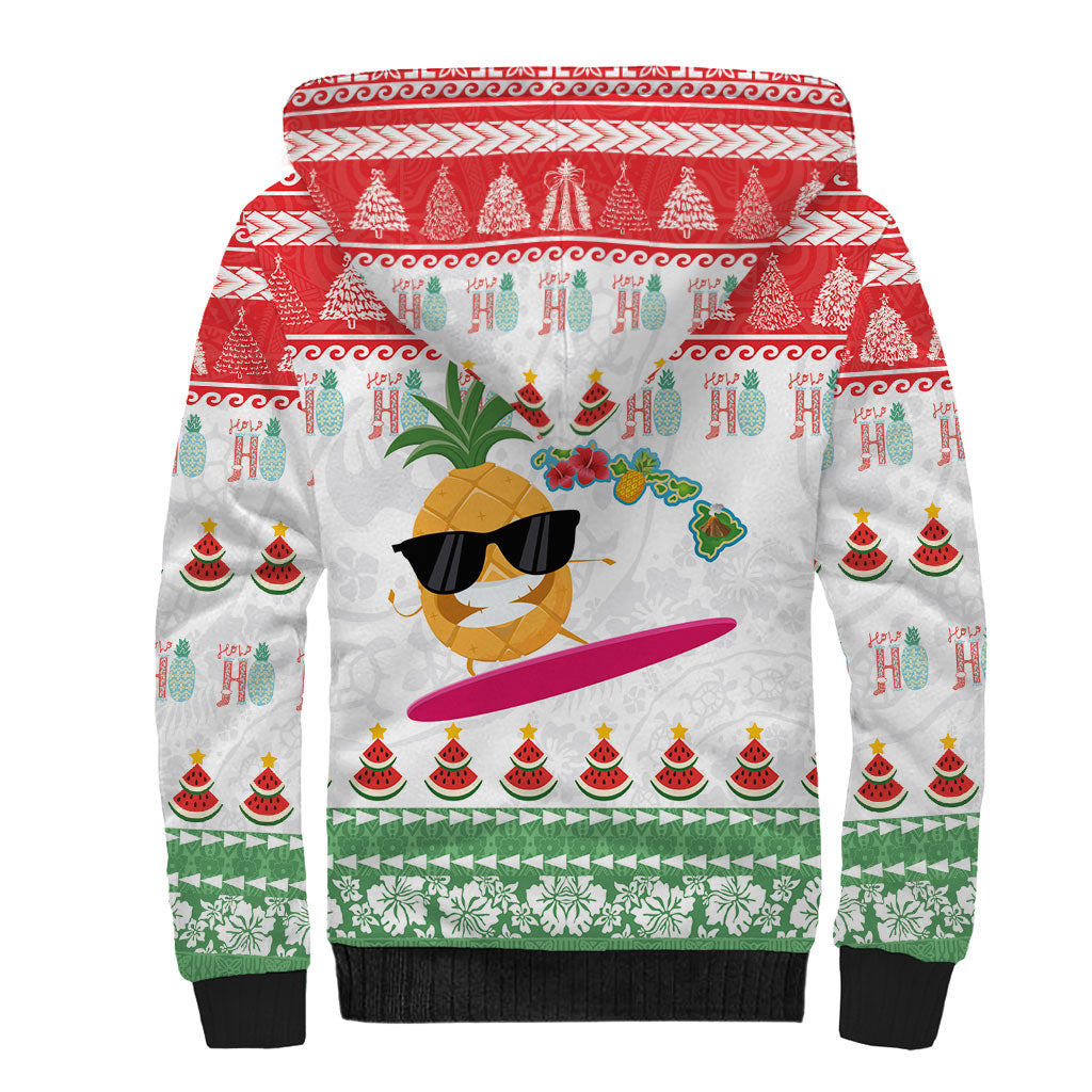 Hawaiian Mele Kalikimaka Sherpa Hoodie Funny Pineapple Surfing with Map Christmas Stripe Elements LT03 - Polynesian Pride