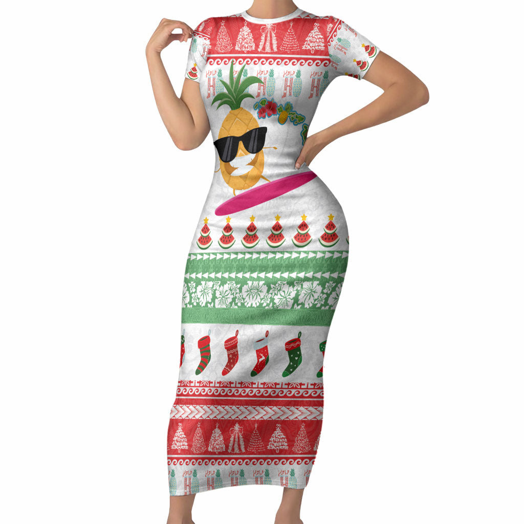 Hawaiian Mele Kalikimaka Short Sleeve Bodycon Dress Funny Pineapple Surfing with Map Christmas Stripe Elements LT03 Long Dress Multicolor - Polynesian Pride