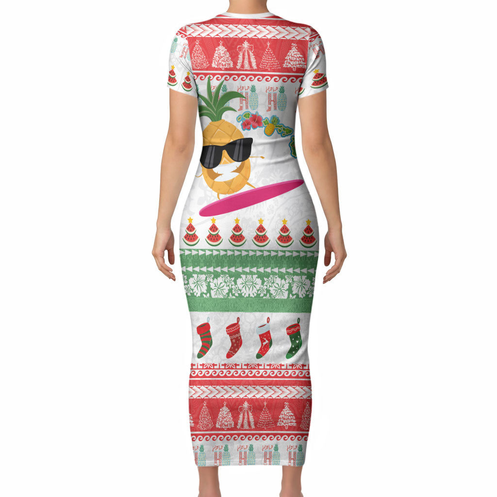 Hawaiian Mele Kalikimaka Short Sleeve Bodycon Dress Funny Pineapple Surfing with Map Christmas Stripe Elements LT03 - Polynesian Pride