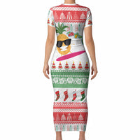 Hawaiian Mele Kalikimaka Short Sleeve Bodycon Dress Funny Pineapple Surfing with Map Christmas Stripe Elements LT03 - Polynesian Pride