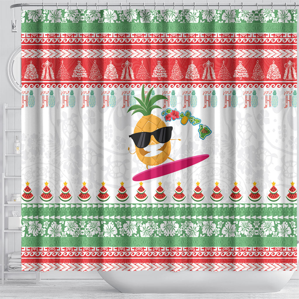 Hawaiian Mele Kalikimaka Shower Curtain Funny Pineapple Surfing with Map Christmas Stripe Elements LT03 - Polynesian Pride