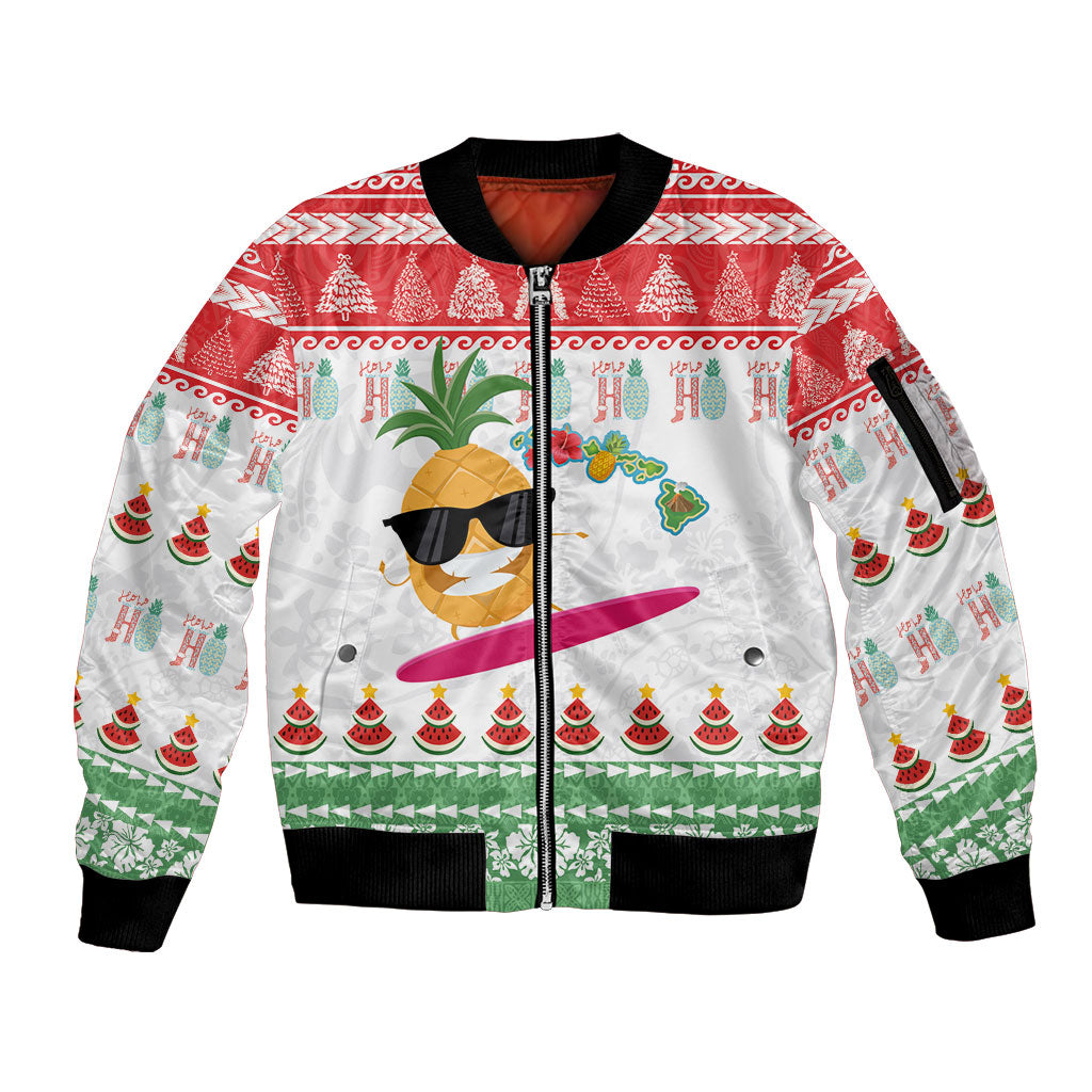 Hawaiian Mele Kalikimaka Sleeve Zip Bomber Jacket Funny Pineapple Surfing with Map Christmas Stripe Elements LT03 Unisex Multicolor - Polynesian Pride