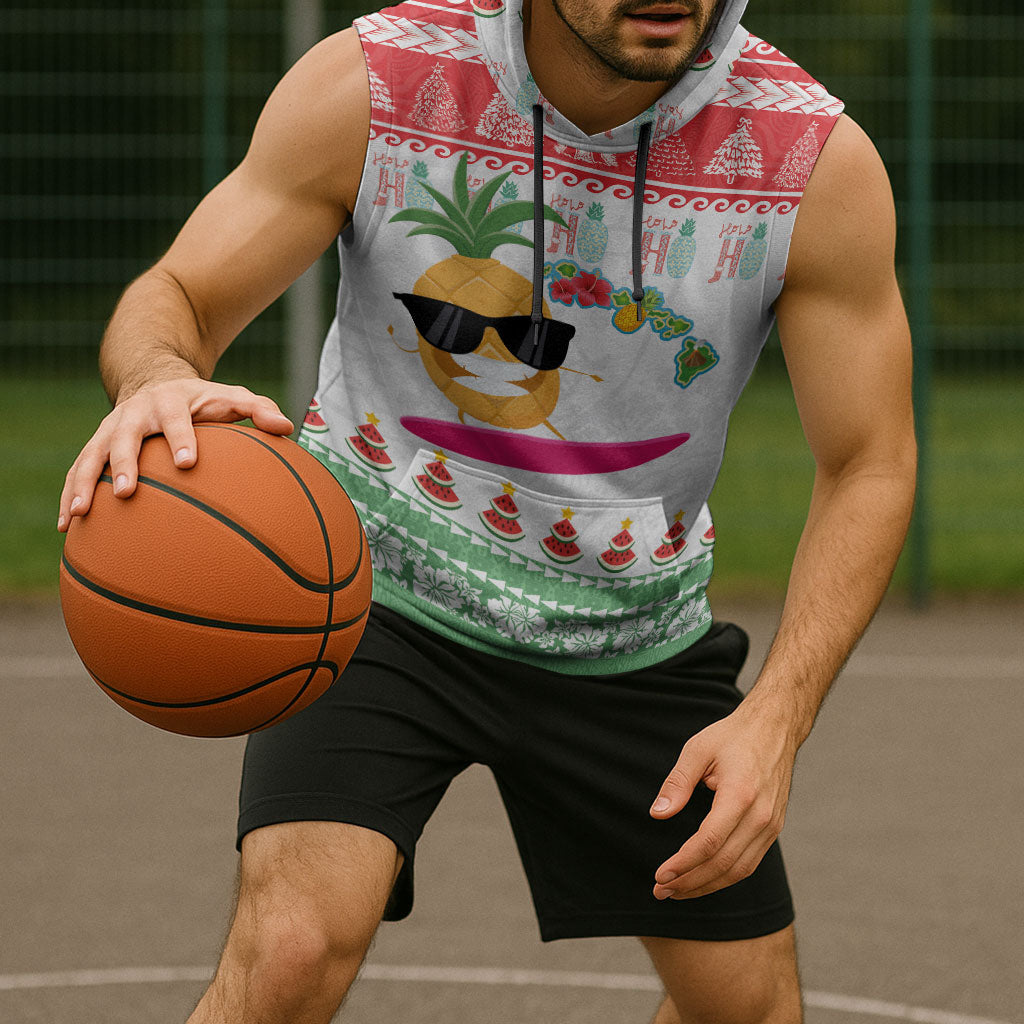 Hawaiian Mele Kalikimaka Sleeveless Hoodie Funny Pineapple Surfing with Map Christmas Stripe Elements LT03 - Polynesian Pride