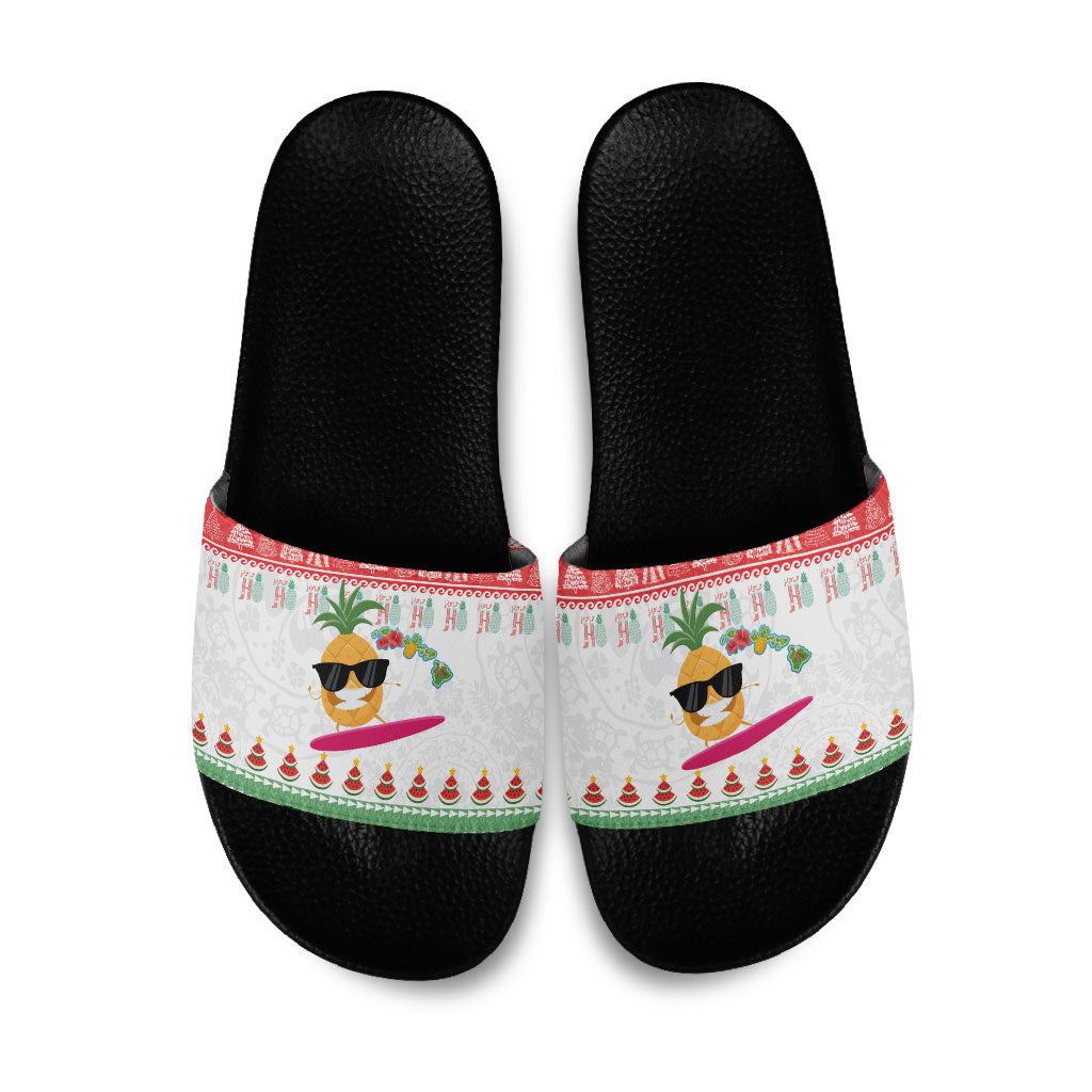 Hawaiian Mele Kalikimaka Slide Sandals Funny Pineapple Surfing with Map Christmas Stripe Elements LT03 Multicolor - Polynesian Pride