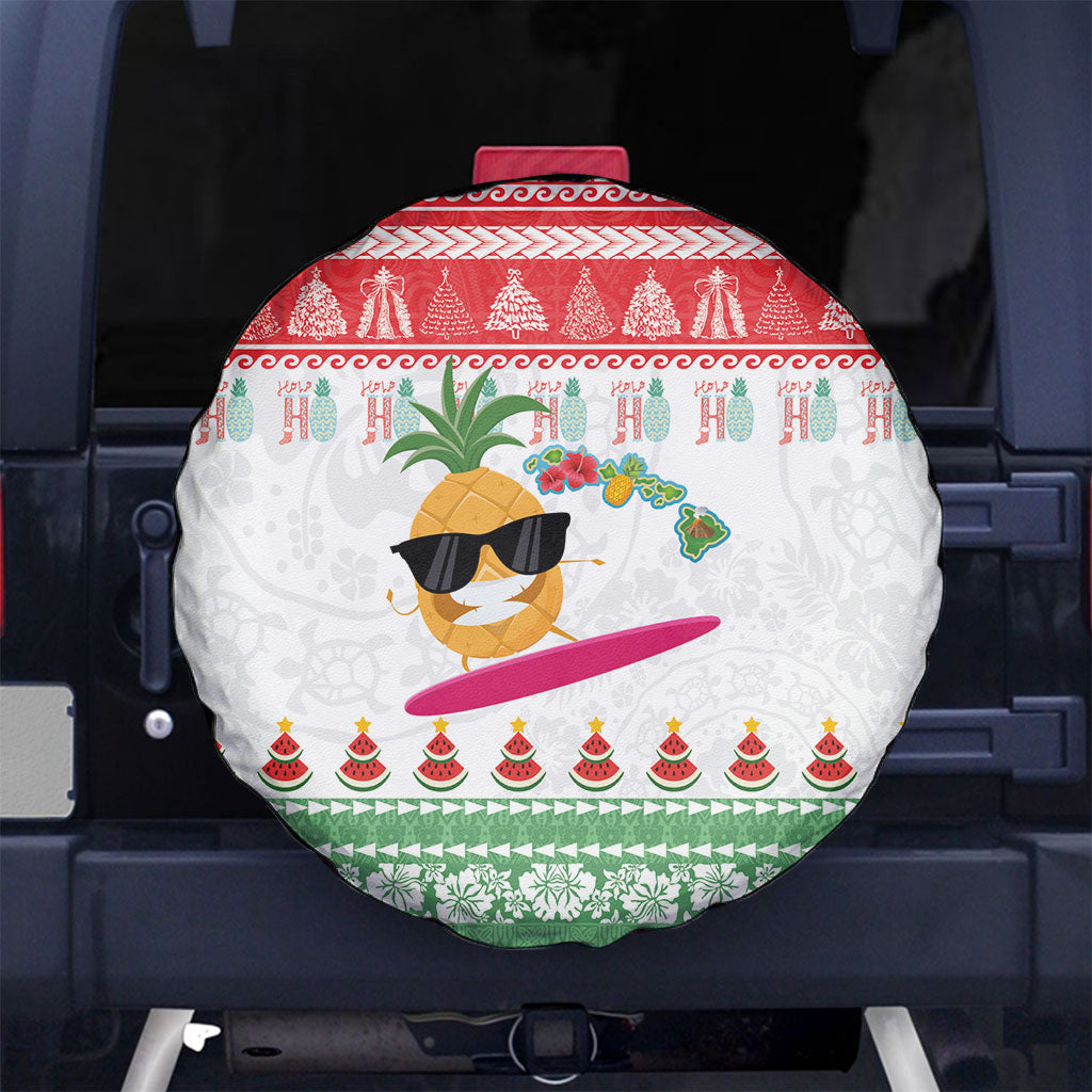 Hawaiian Mele Kalikimaka Spare Tire Cover Funny Pineapple Surfing with Map Christmas Stripe Elements LT03 No hole Multicolor - Polynesian Pride