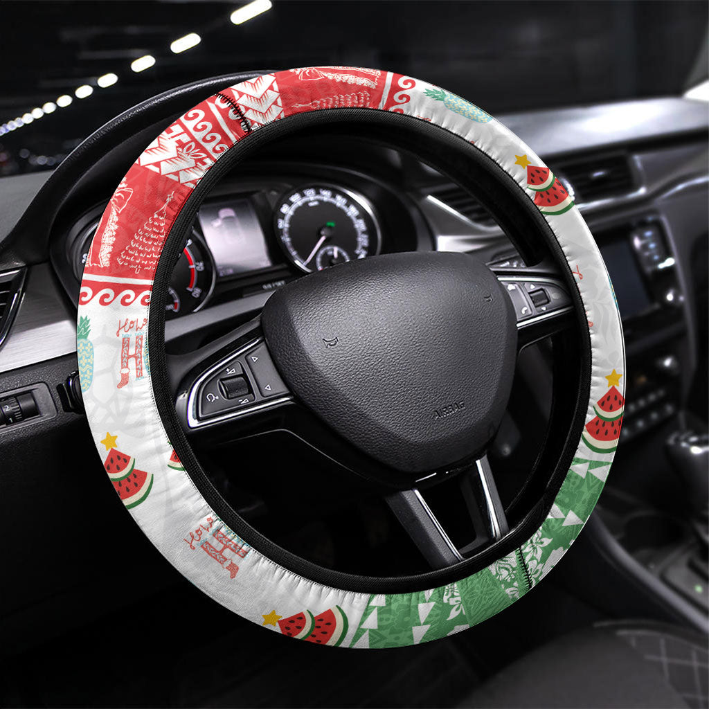 Hawaiian Mele Kalikimaka Steering Wheel Cover Funny Pineapple Surfing with Map Christmas Stripe Elements LT03 Universal Fit Multicolor - Polynesian Pride