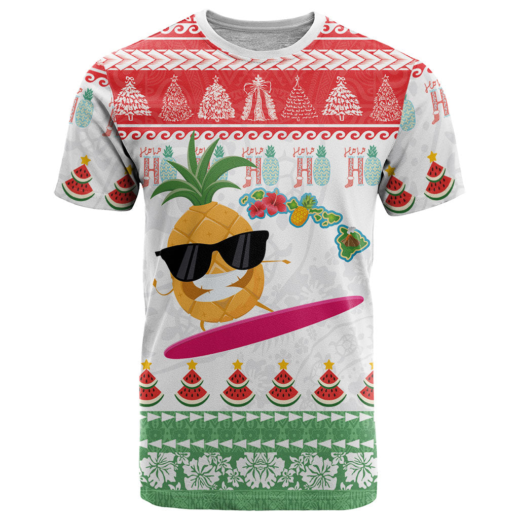 Hawaiian Mele Kalikimaka T Shirt Funny Pineapple Surfing with Map Christmas Stripe Elements LT03 Multicolor - Polynesian Pride