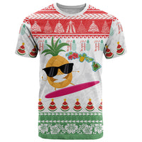 Hawaiian Mele Kalikimaka T Shirt Funny Pineapple Surfing with Map Christmas Stripe Elements LT03 Multicolor - Polynesian Pride