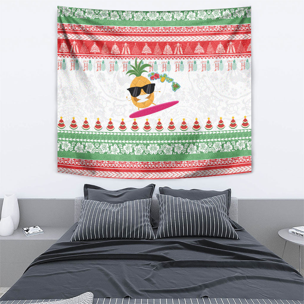 Hawaiian Mele Kalikimaka Tapestry Funny Pineapple Surfing with Map Christmas Stripe Elements LT03 - Polynesian Pride
