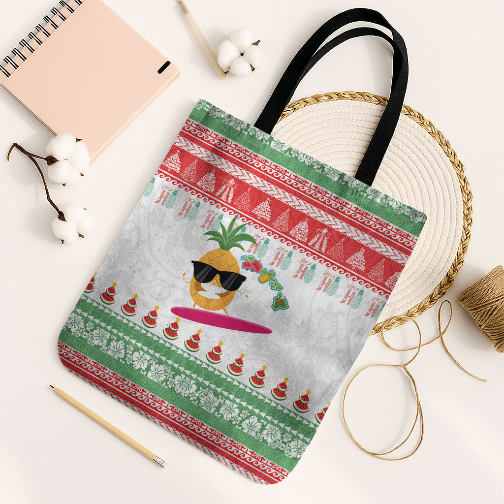 Hawaiian Mele Kalikimaka Tote Bag Funny Pineapple Surfing with Map Christmas Stripe Elements LT03 Black Strap One Size Multicolor - Polynesian Pride