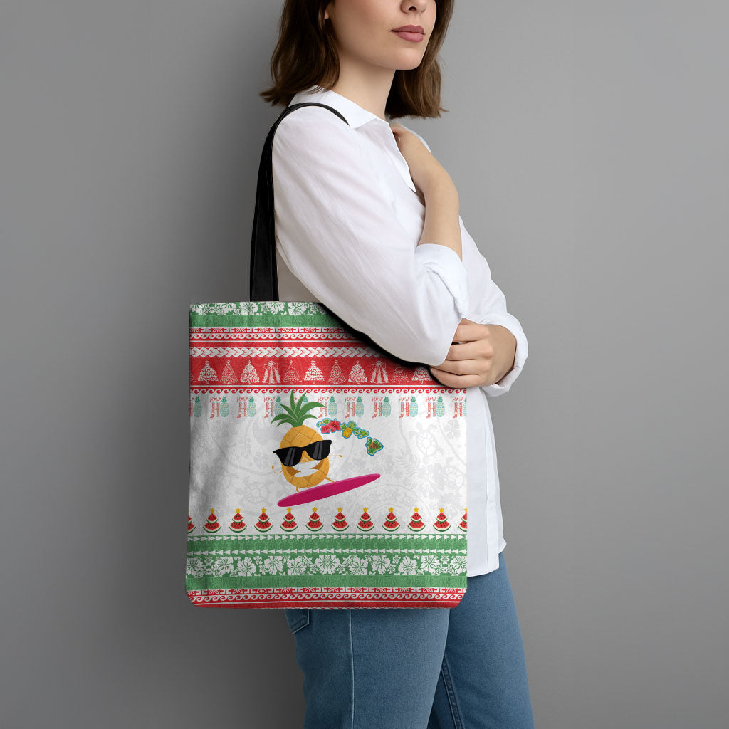Hawaiian Mele Kalikimaka Tote Bag Funny Pineapple Surfing with Map Christmas Stripe Elements LT03 - Polynesian Pride
