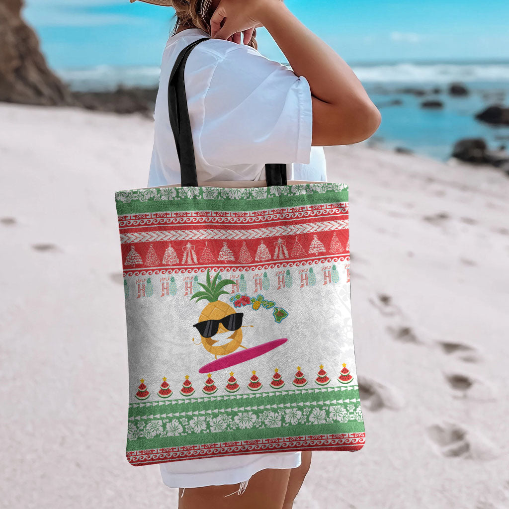 Hawaiian Mele Kalikimaka Tote Bag Funny Pineapple Surfing with Map Christmas Stripe Elements LT03 - Polynesian Pride