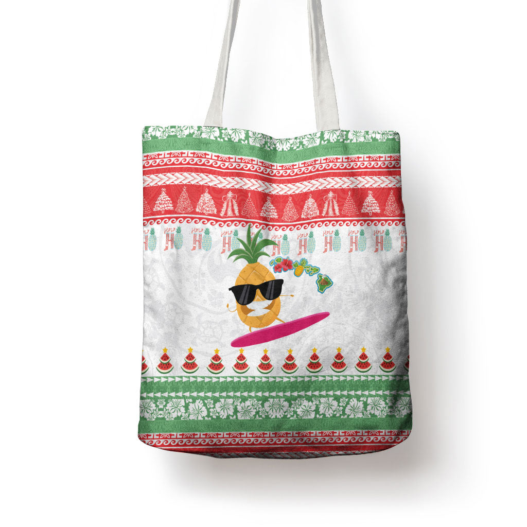 Hawaiian Mele Kalikimaka Tote Bag Funny Pineapple Surfing with Map Christmas Stripe Elements LT03 - Polynesian Pride