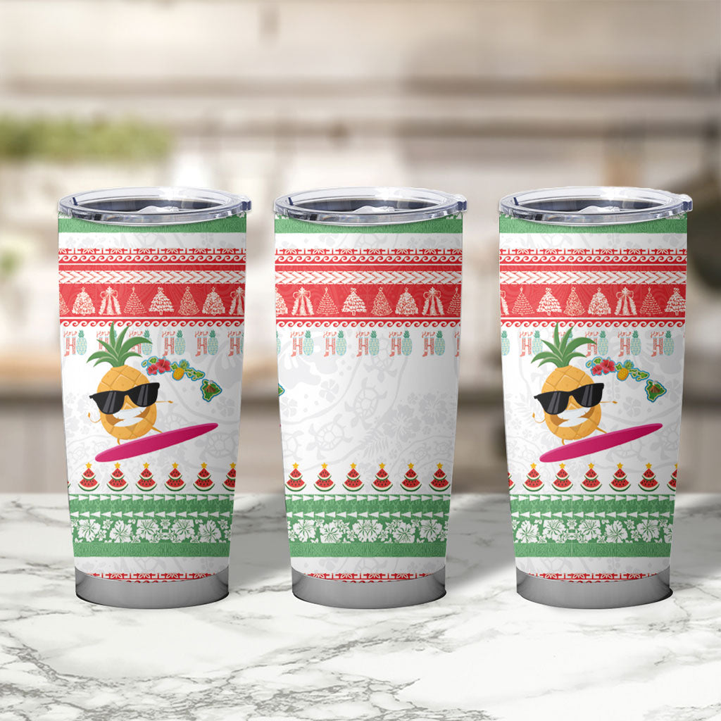 Hawaiian Mele Kalikimaka Tumbler Cup Funny Pineapple Surfing with Map Christmas Stripe Elements LT03 - Polynesian Pride