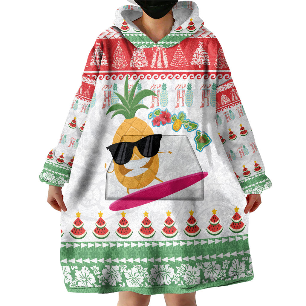 Hawaiian Mele Kalikimaka Wearable Blanket Hoodie Funny Pineapple Surfing with Map Christmas Stripe Elements LT03 - Polynesian Pride
