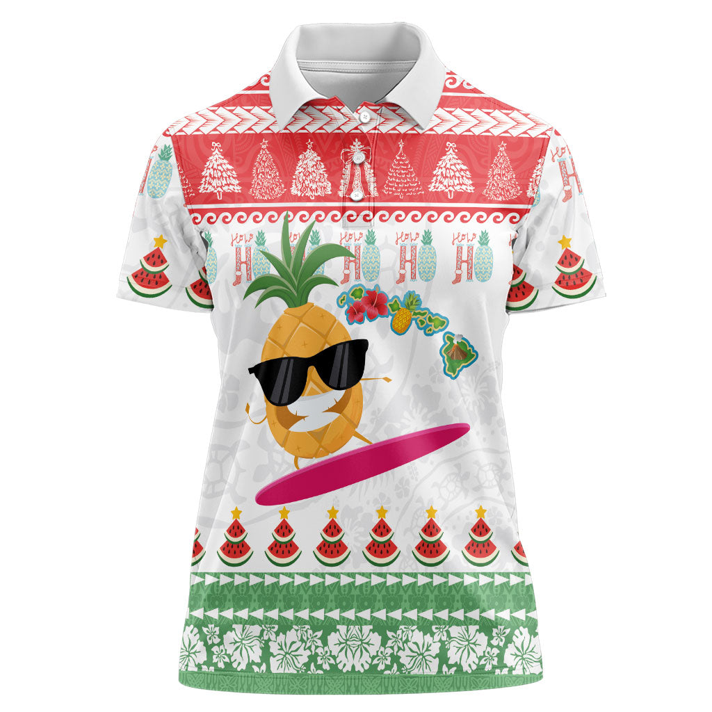 Hawaiian Mele Kalikimaka Women Polo Shirt Funny Pineapple Surfing with Map Christmas Stripe Elements LT03 Female Multicolor - Polynesian Pride