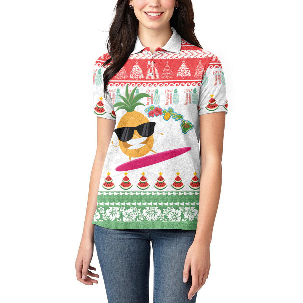 Hawaiian Mele Kalikimaka Women Polo Shirt Funny Pineapple Surfing with Map Christmas Stripe Elements LT03 - Polynesian Pride