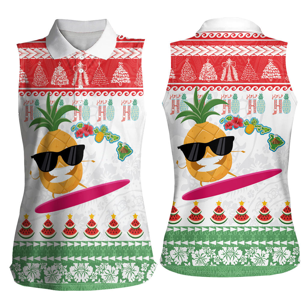 Hawaiian Mele Kalikimaka Women Sleeveless Polo Shirt Funny Pineapple Surfing with Map Christmas Stripe Elements LT03 - Polynesian Pride