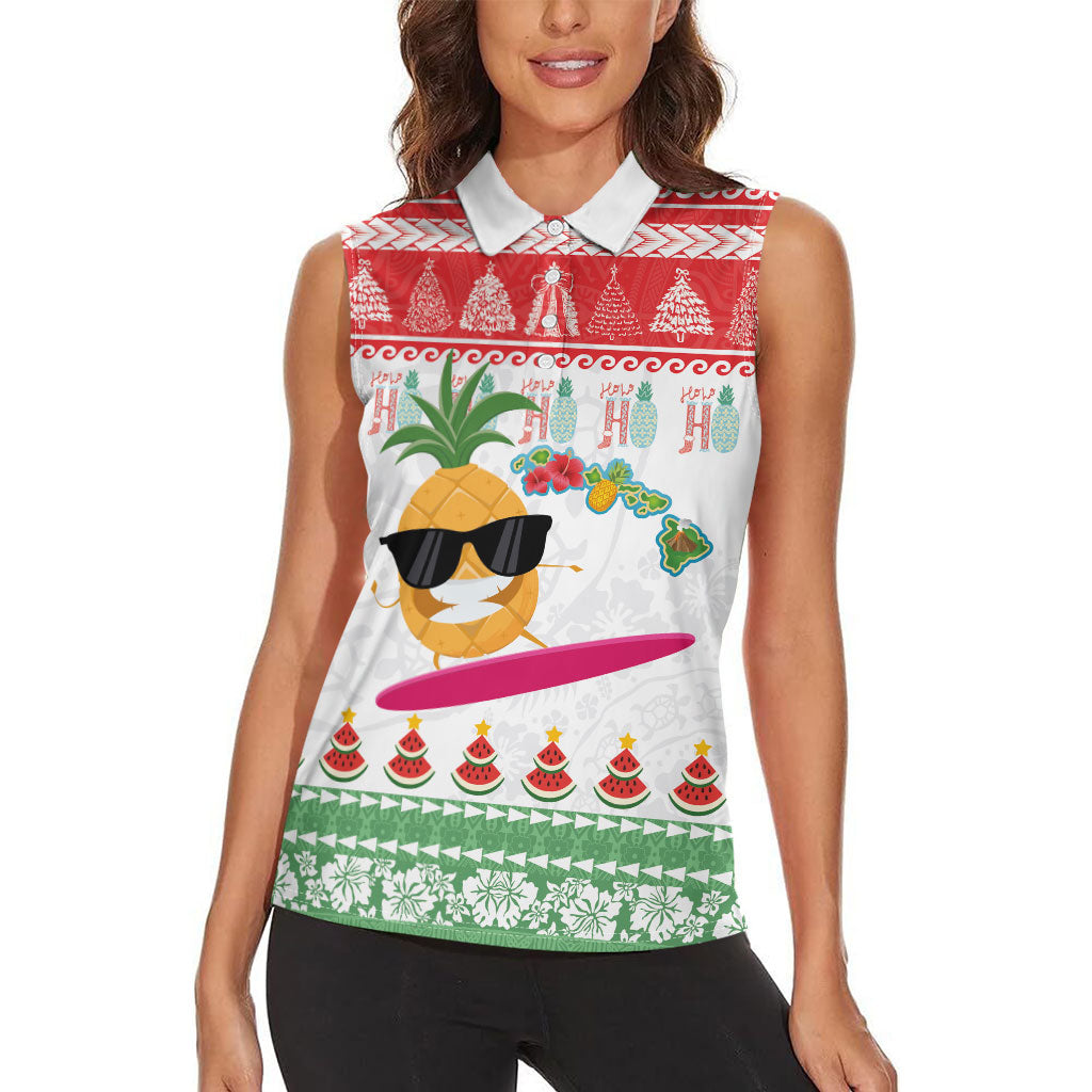 Hawaiian Mele Kalikimaka Women Sleeveless Polo Shirt Funny Pineapple Surfing with Map Christmas Stripe Elements LT03 - Polynesian Pride