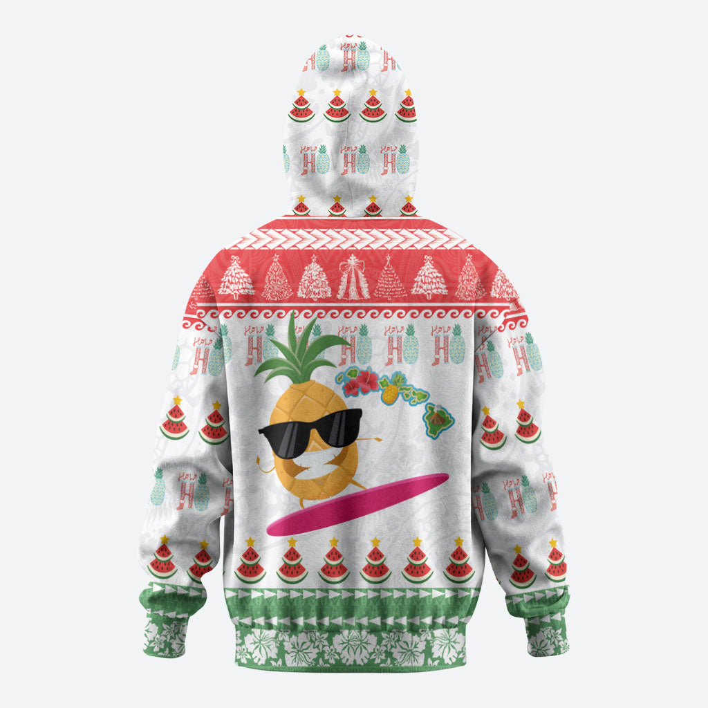 Hawaiian Mele Kalikimaka Zip Hoodie Funny Pineapple Surfing with Map Christmas Stripe Elements LT03 - Polynesian Pride