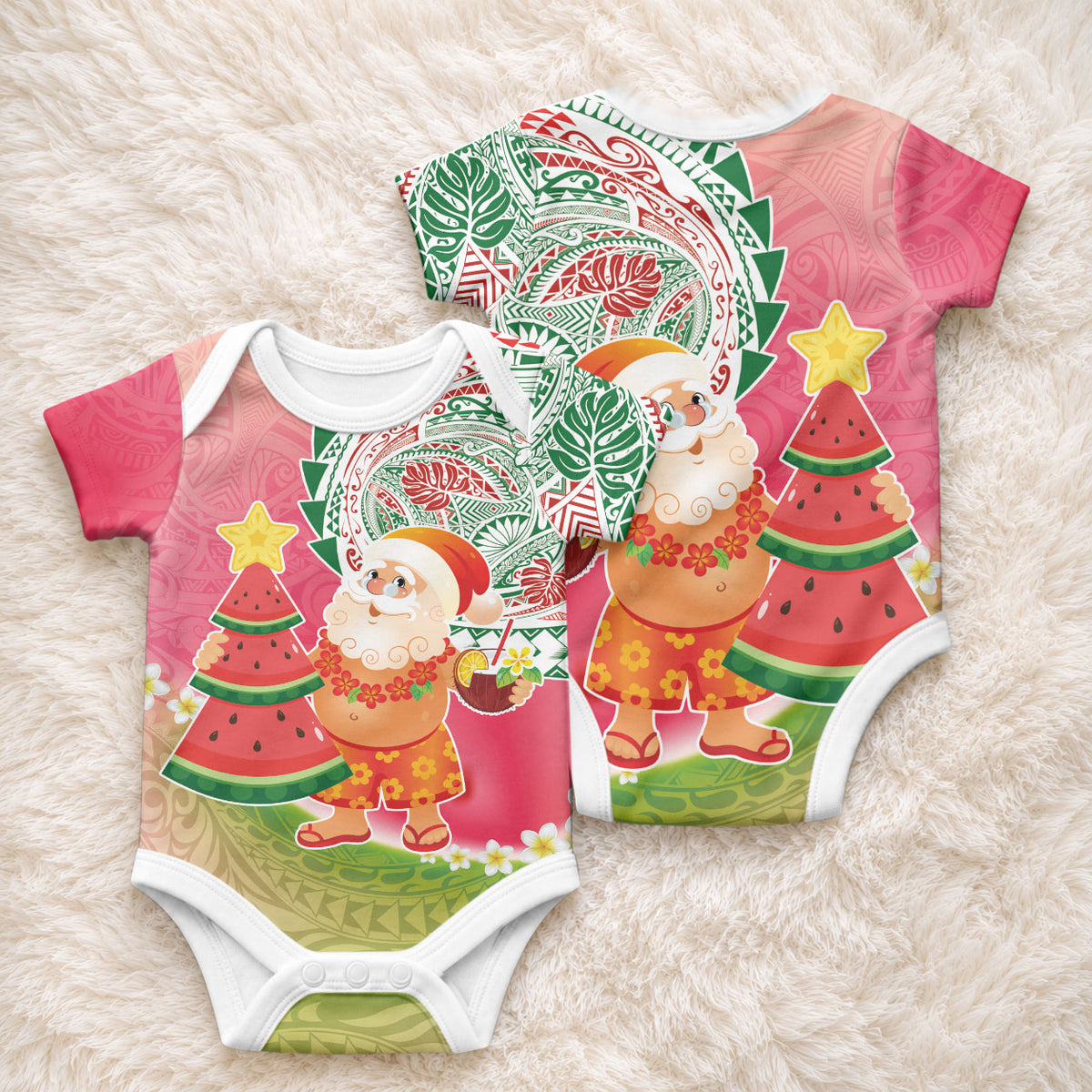 Hawaiian Watermelon Mele Kalikimaka Baby Onesie Tropical Tribal Pattern with Funny Santa Claus