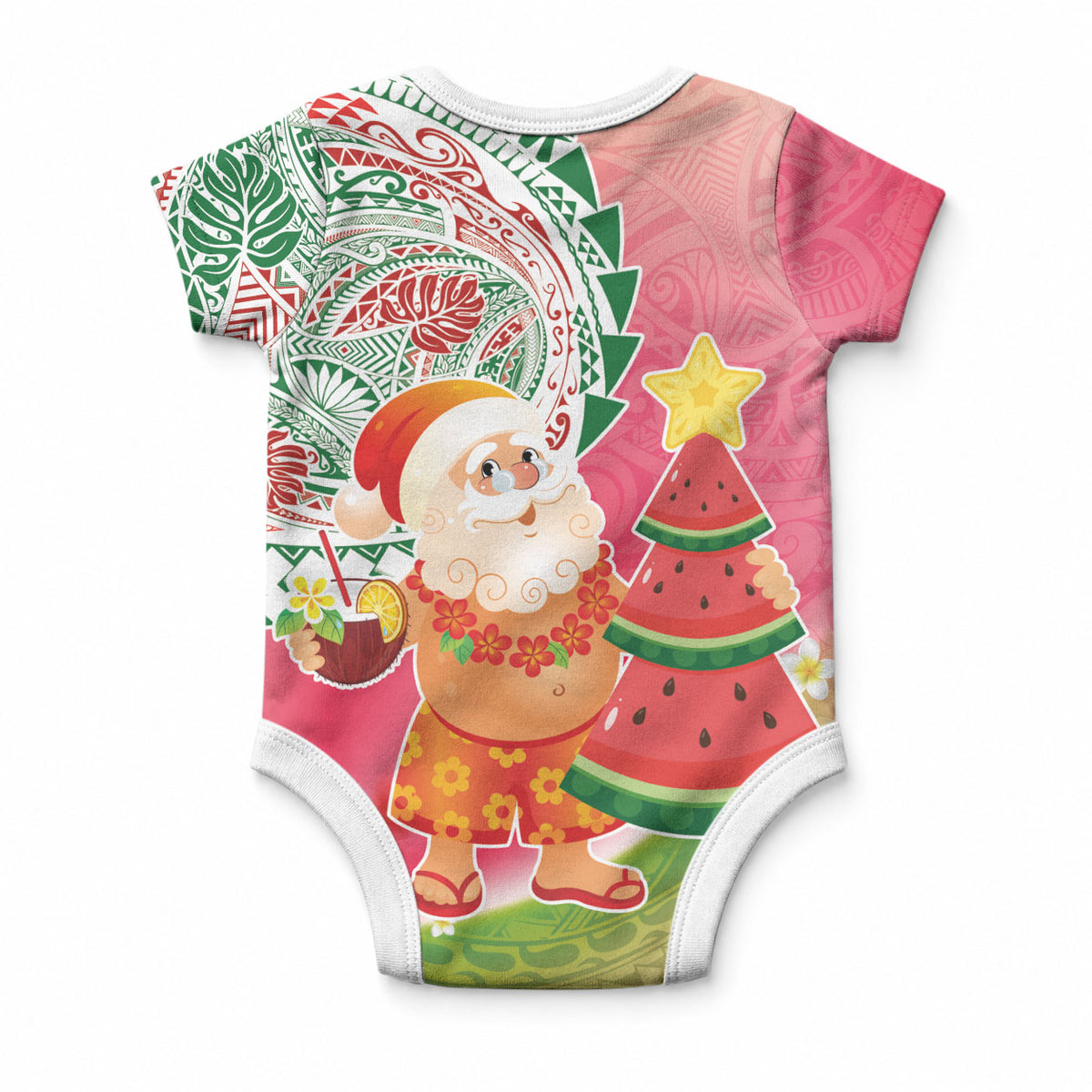 Hawaiian Watermelon Mele Kalikimaka Baby Onesie Tropical Tribal Pattern with Funny Santa Claus