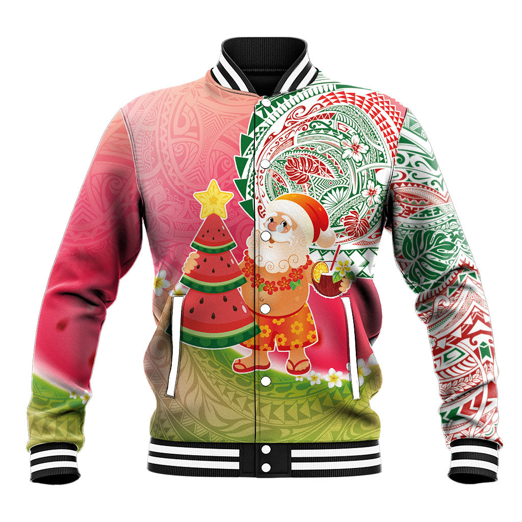 Hawaiian Watermelon Mele Kalikimaka Baseball Jacket Tropical Tribal Pattern with Funny Santa Claus LT03 Unisex Multicolor - Polynesian Pride