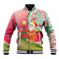 Hawaiian Watermelon Mele Kalikimaka Baseball Jacket Tropical Tribal Pattern with Funny Santa Claus LT03 Unisex Multicolor - Polynesian Pride