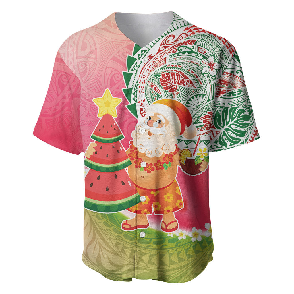Hawaiian Watermelon Mele Kalikimaka Baseball Jersey Tropical Tribal Pattern with Funny Santa Claus LT03 Multicolor - Polynesian Pride