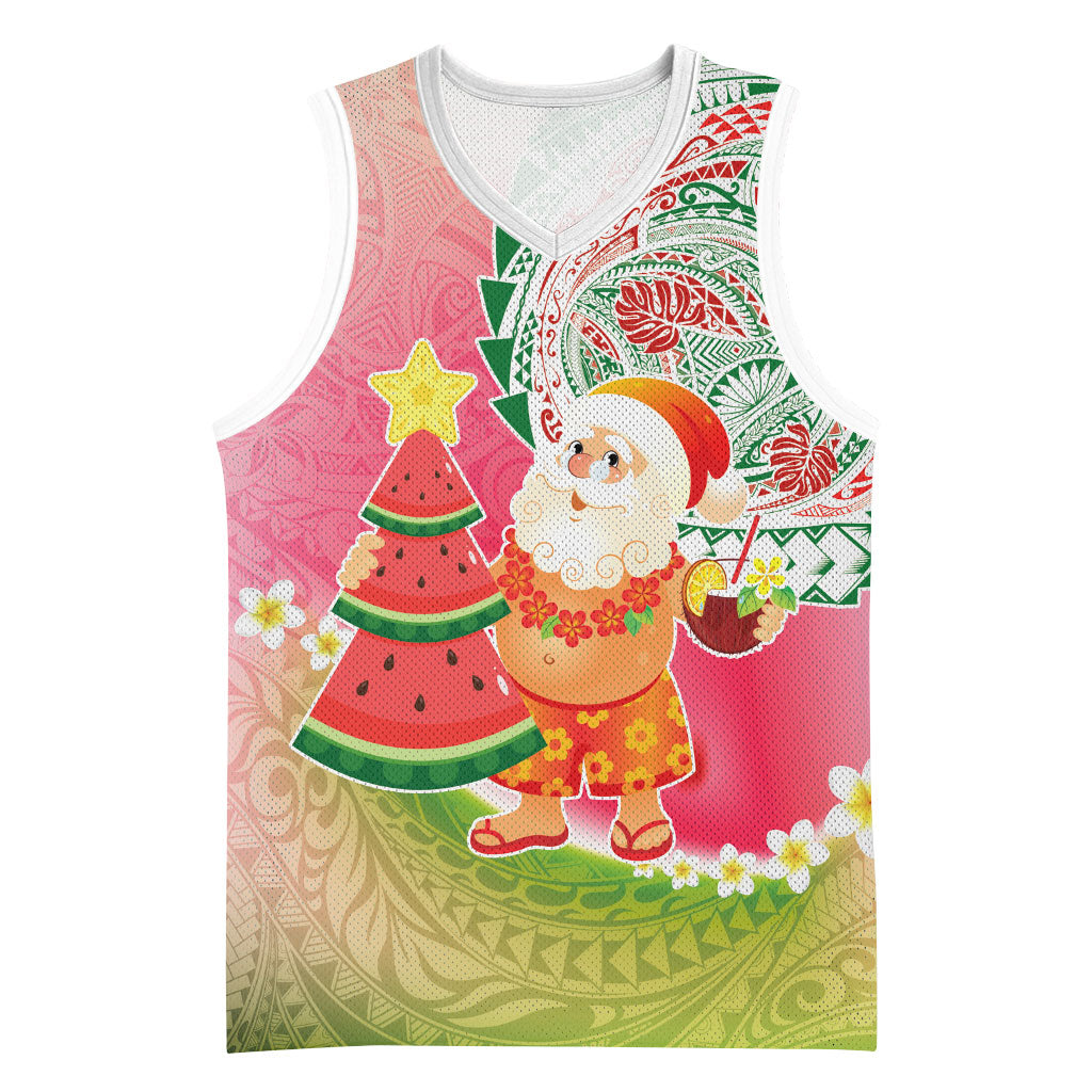 Hawaiian Watermelon Mele Kalikimaka Basketball Jersey Tropical Tribal Pattern with Funny Santa Claus LT03 Unisex Multicolor - Polynesian Pride