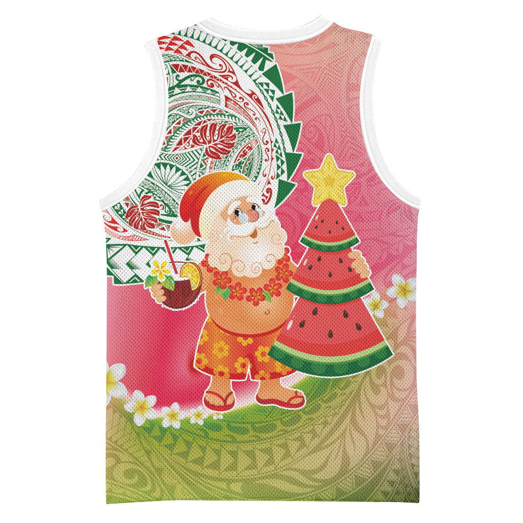 Hawaiian Watermelon Mele Kalikimaka Basketball Jersey Tropical Tribal Pattern with Funny Santa Claus LT03 - Polynesian Pride