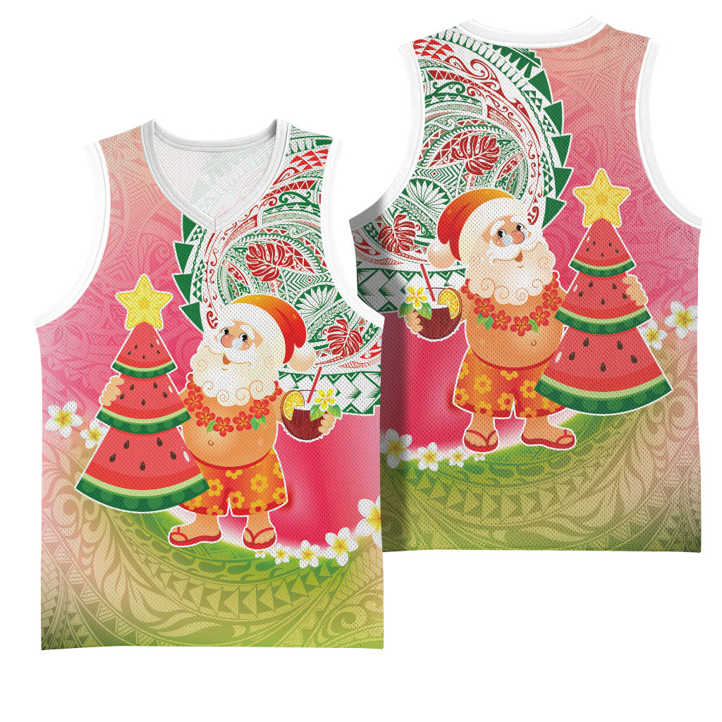 Hawaiian Watermelon Mele Kalikimaka Basketball Jersey Tropical Tribal Pattern with Funny Santa Claus LT03 - Polynesian Pride