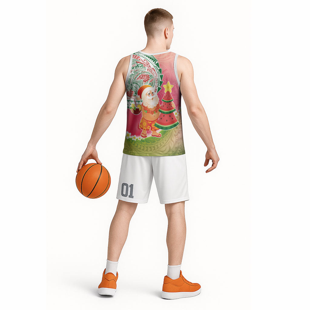 Hawaiian Watermelon Mele Kalikimaka Basketball Jersey Tropical Tribal Pattern with Funny Santa Claus LT03 - Polynesian Pride