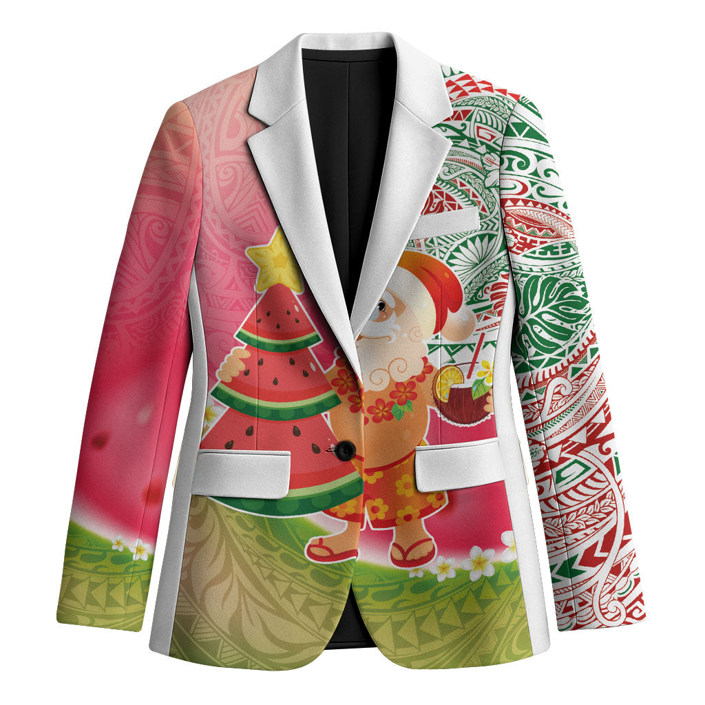 Hawaiian Watermelon Mele Kalikimaka Blazer Tropical Tribal Pattern with Funny Santa Claus LT03 Unisex Multicolor - Polynesian Pride