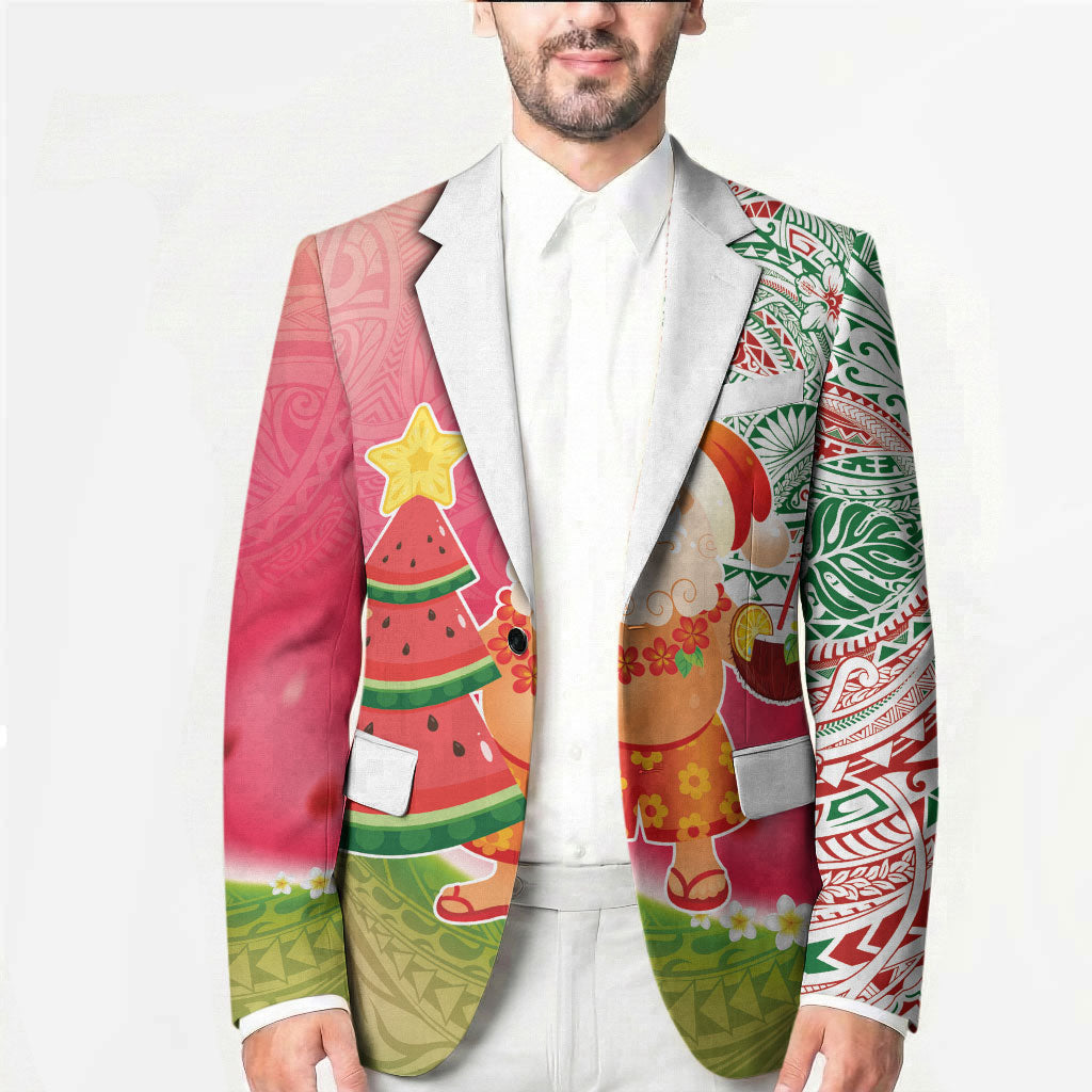 Hawaiian Watermelon Mele Kalikimaka Blazer Tropical Tribal Pattern with Funny Santa Claus LT03 - Polynesian Pride