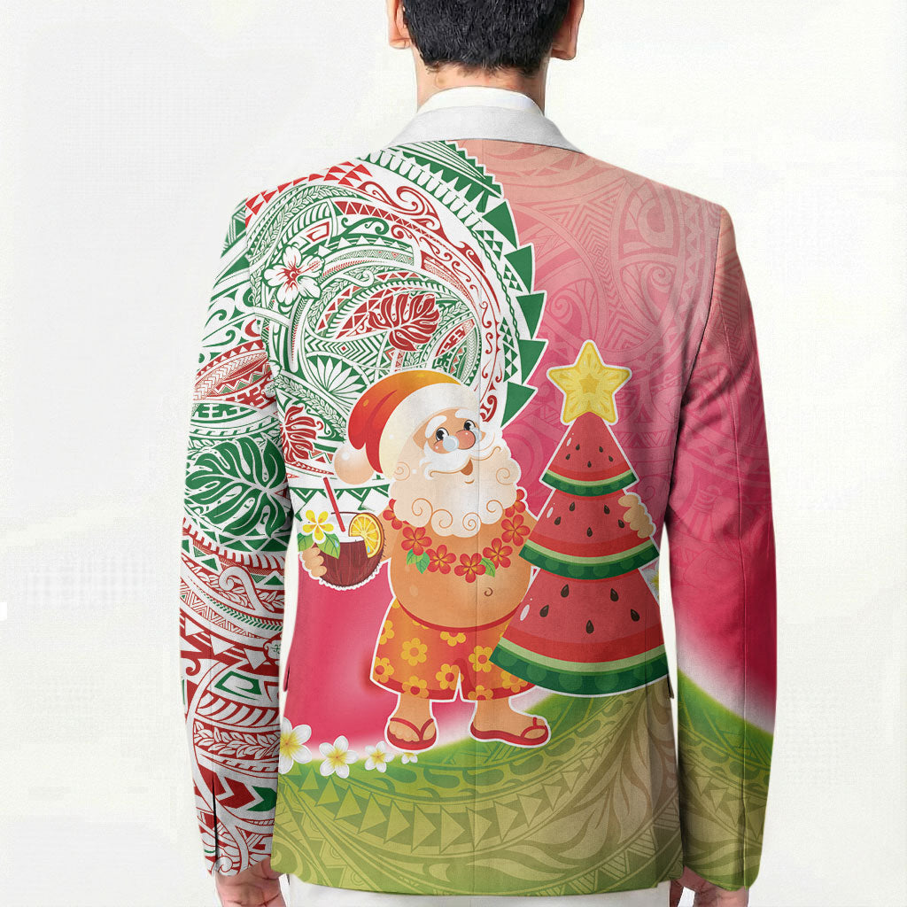 Hawaiian Watermelon Mele Kalikimaka Blazer Tropical Tribal Pattern with Funny Santa Claus LT03 - Polynesian Pride