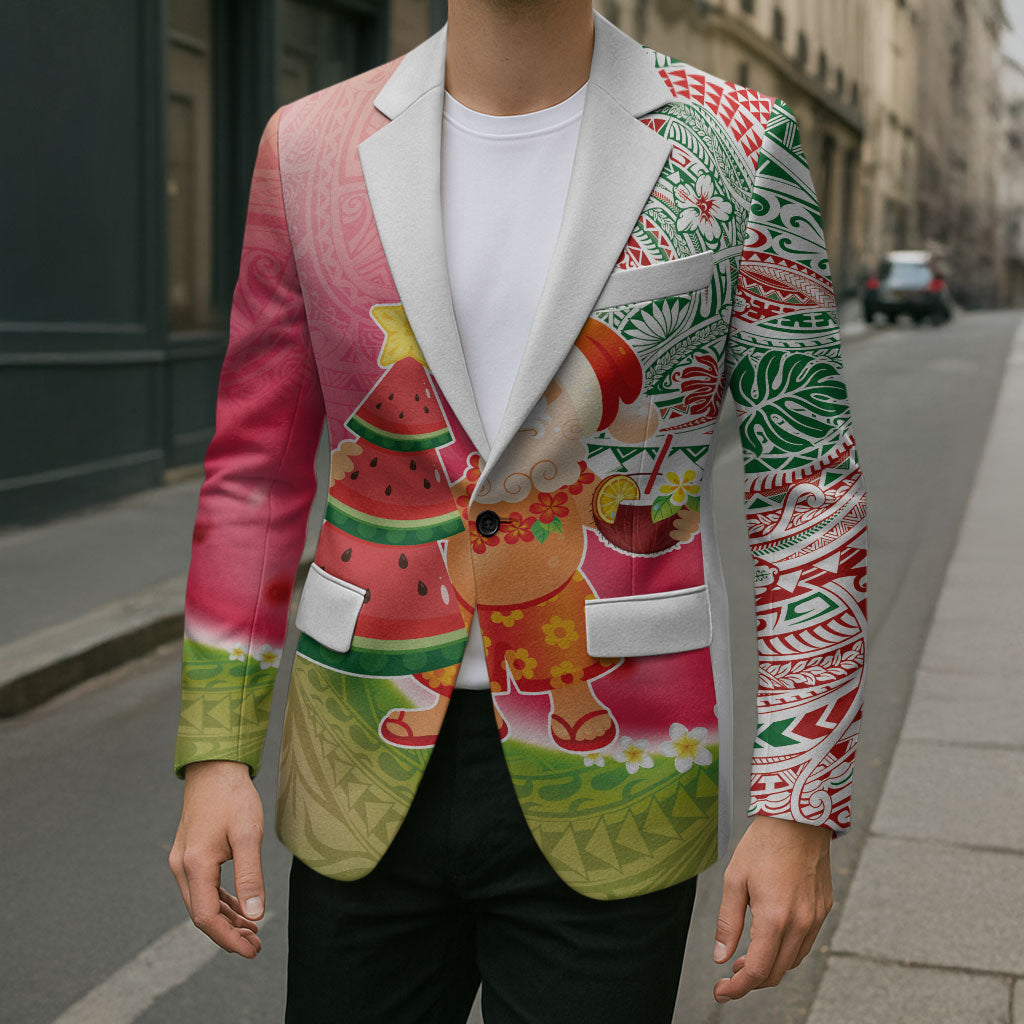 Hawaiian Watermelon Mele Kalikimaka Blazer Tropical Tribal Pattern with Funny Santa Claus LT03 - Polynesian Pride